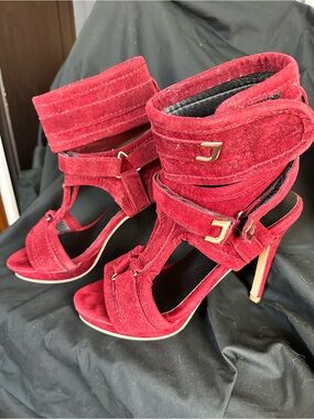 Burgundy Suede like High Heel Sandals with Ankle Straps